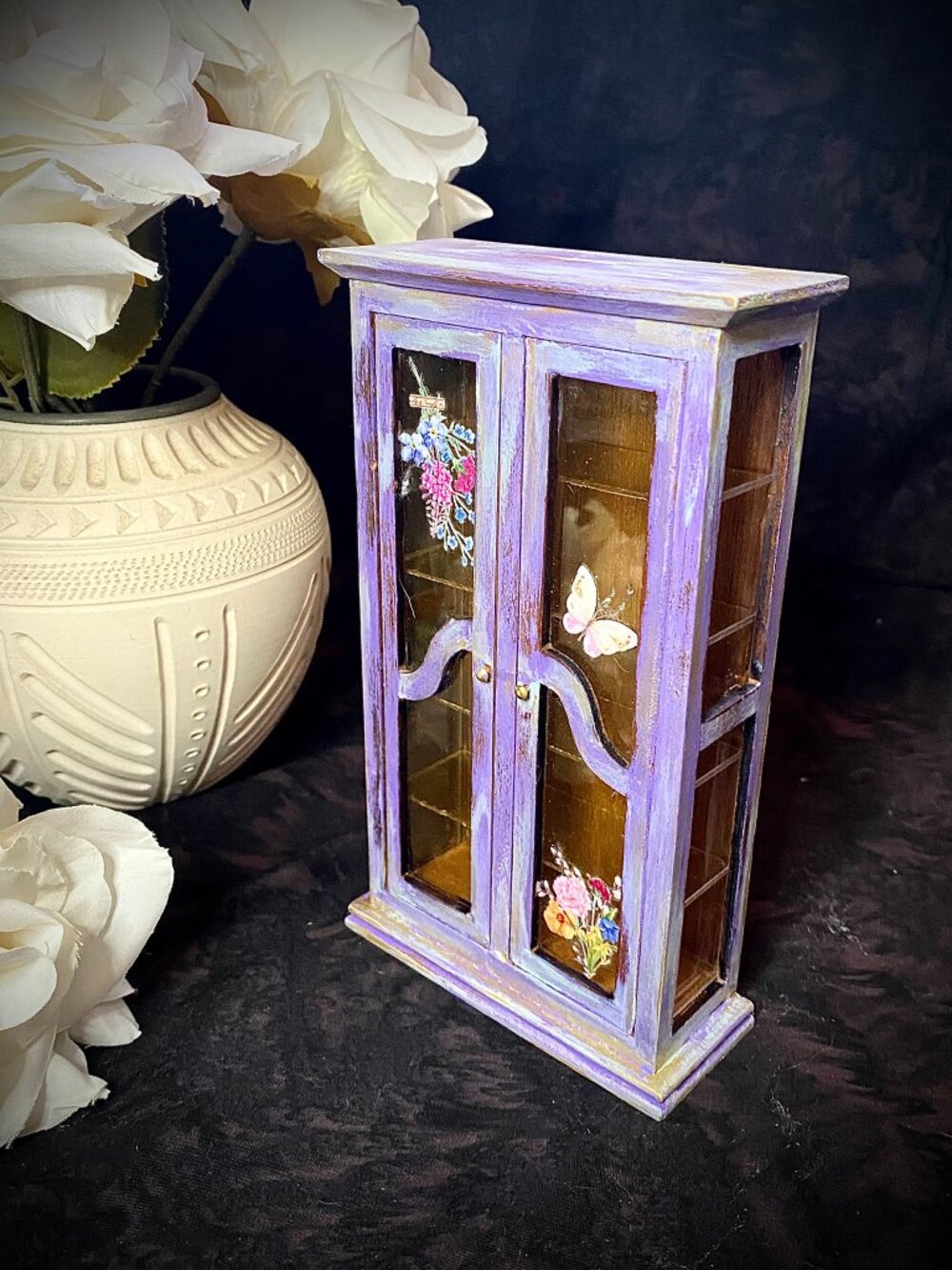 Handpainted floral tall cabinet cupboard Dollhouse Furniture Miniature 1:12 6"